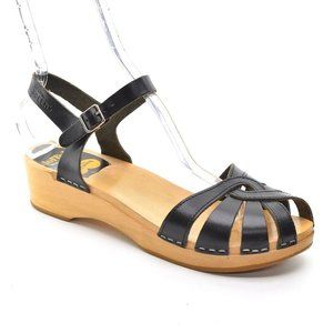 Swedish Hasbeens Black Leather Clog Sandal 41